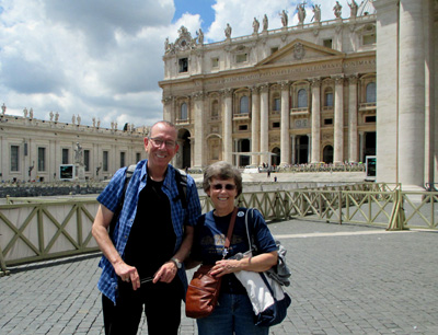 Two photos show Gene and Dona smiling and standing in front of the large open plaza surrounded by the Vatican building where the Pope appears on special occasions.